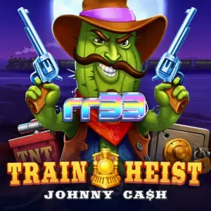 Tampilan visual slot Train Heist Johnny Cash dengan latar belakang kereta api dan grid 7x7